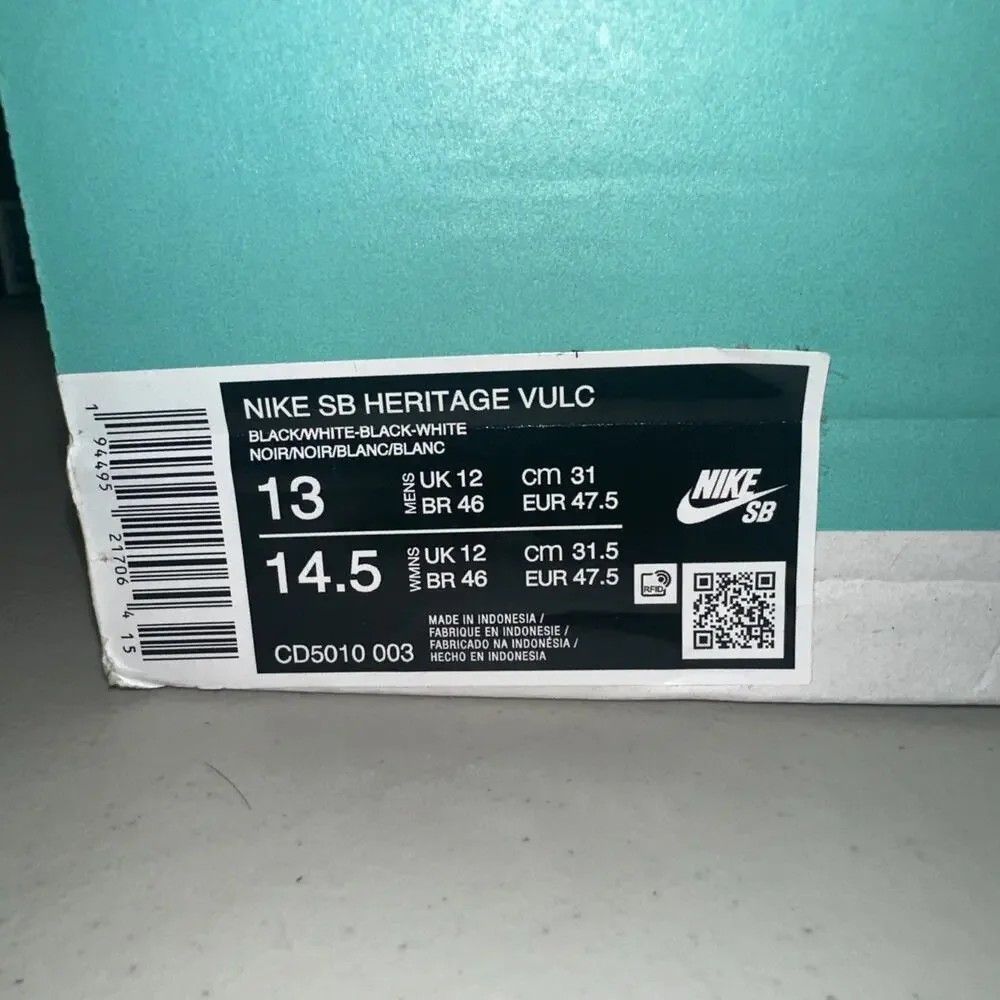 Nike SB Heritage Vulc Black White Skateboarding Shoes Men’s SZ 13 CD5010-003